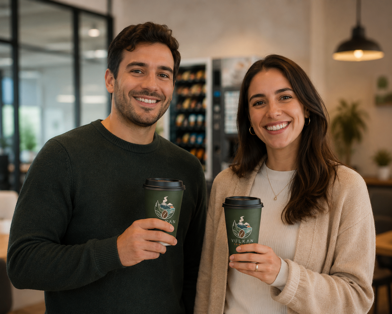 Colaboradores sonriendo con tazas Vulkan Vending junto a una máquina vending