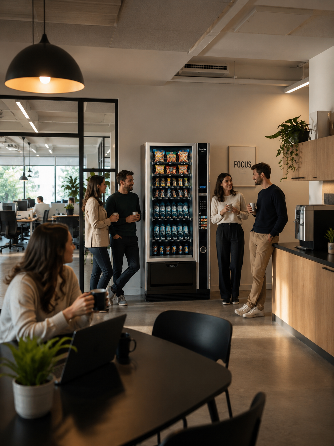 Máquina vending de snacks y bebidas en una oficina con trabajadores en pausa