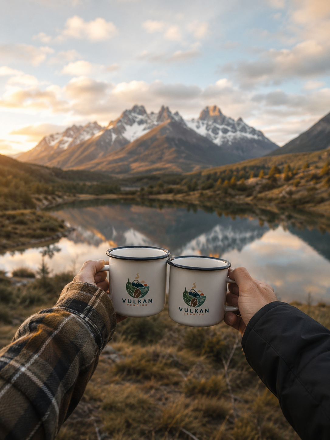 Tazas Vulkan Vending frente a montañas patagónicas